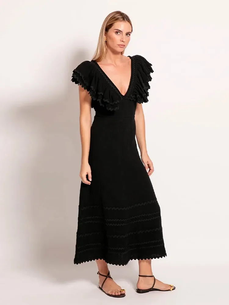 Women Elegant Layered Ruffles Pleated Solid Maxi Dress Chic V Neck Sleeveless High Waist Long Dresses Summer Lady Street Robes