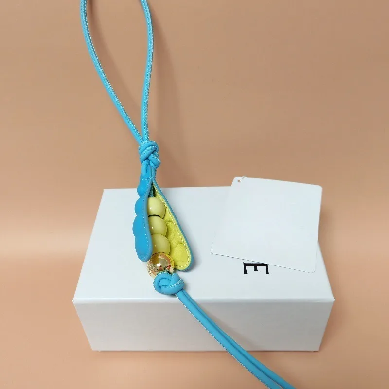 Cute Peapod Green Blue Genuine Leather Car Keychain Hanging Ornament Women's Bag Charm Pendant Gift Accessory