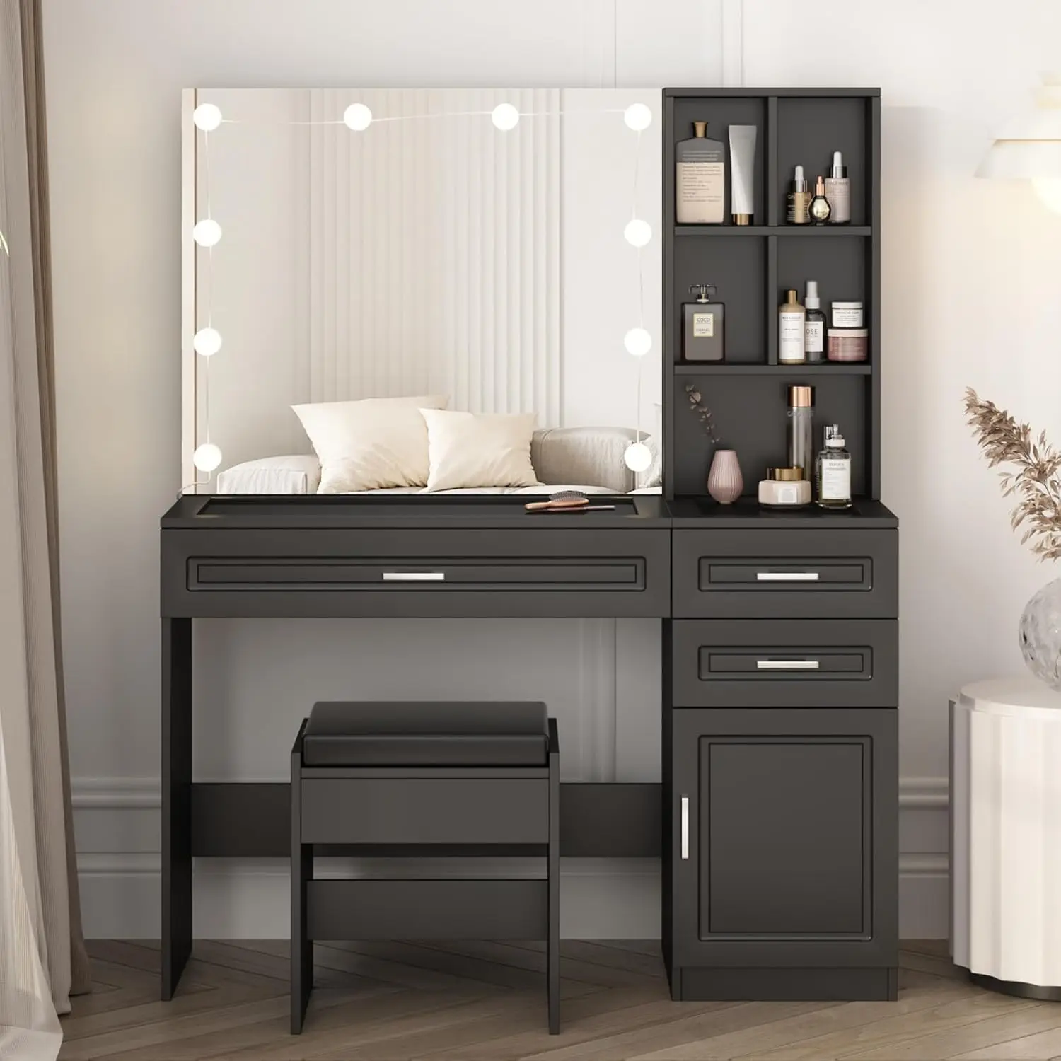 Vabches Vanity Desk with Lights and Mirror,Black Makeup Desk with 3 Drawers & Storage Cabinet & Shelves,Glass Top Vanity Table