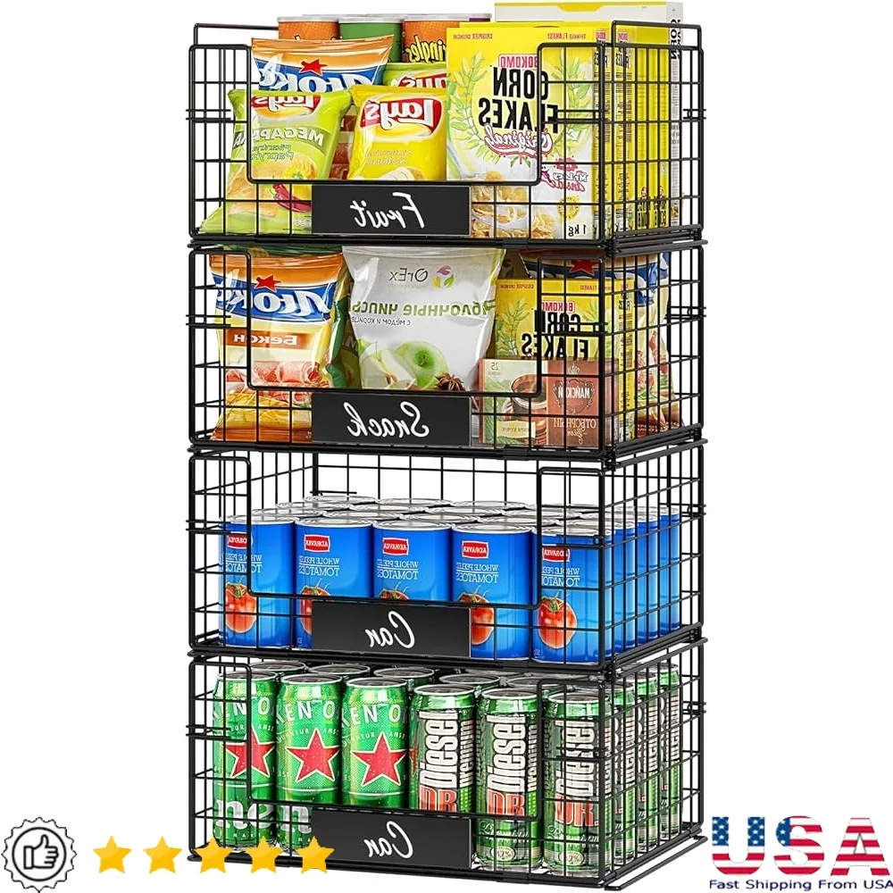 

4 Pack XXL Stackable Wire Baskets with Handles Pantry Storage Organizer Fruits Vegetables Snacks Toys
