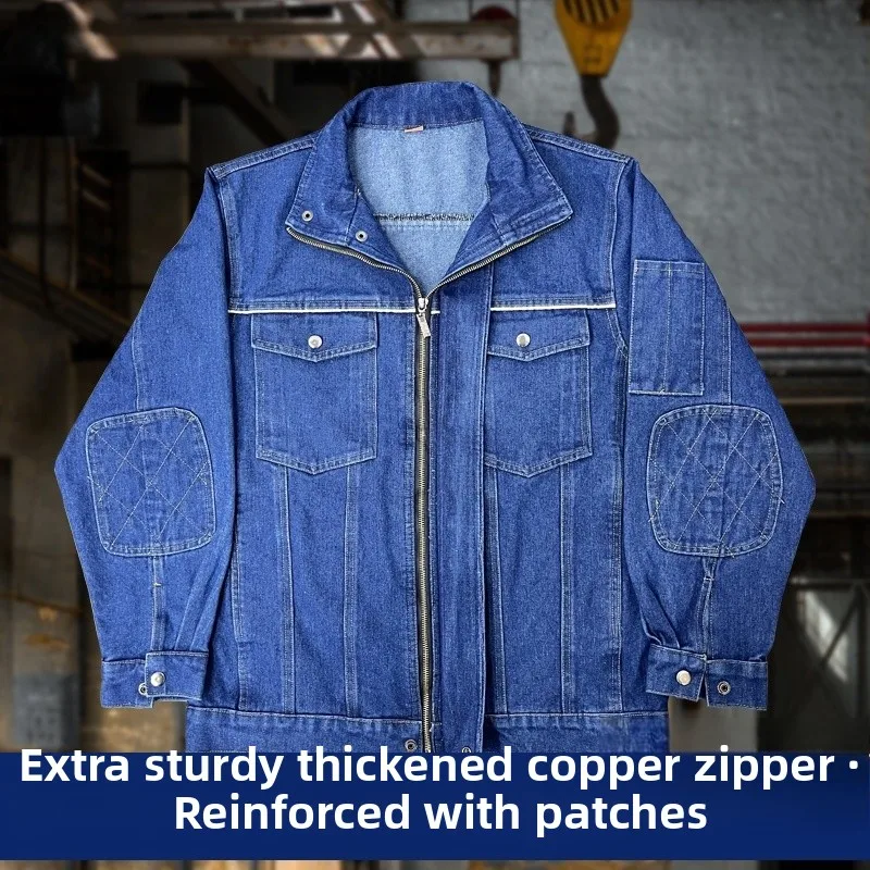 厚手の純綿製作業服セット-メンズ-デニム作業着-耐熱電気技師用保護スーツ-パッチと補強付き