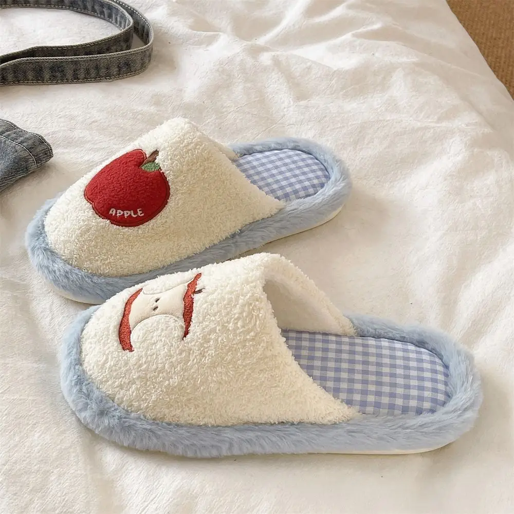 

Sandal Grid Stripe Cute Plush Slippers Thick Sole Soft Fruit Plush Slippers Casual Silent Winter Slides Women Men