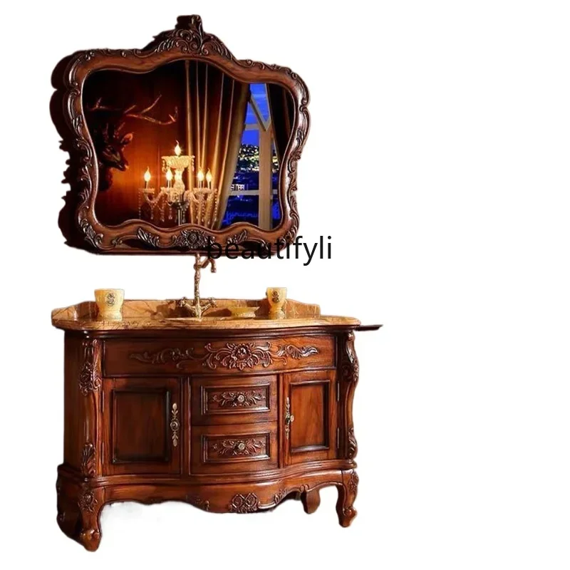 

C European-Style Red Oak Bathroom High-End Bathroom Cabinet Washstand Washbasin Cabinet Combination Natural Marble