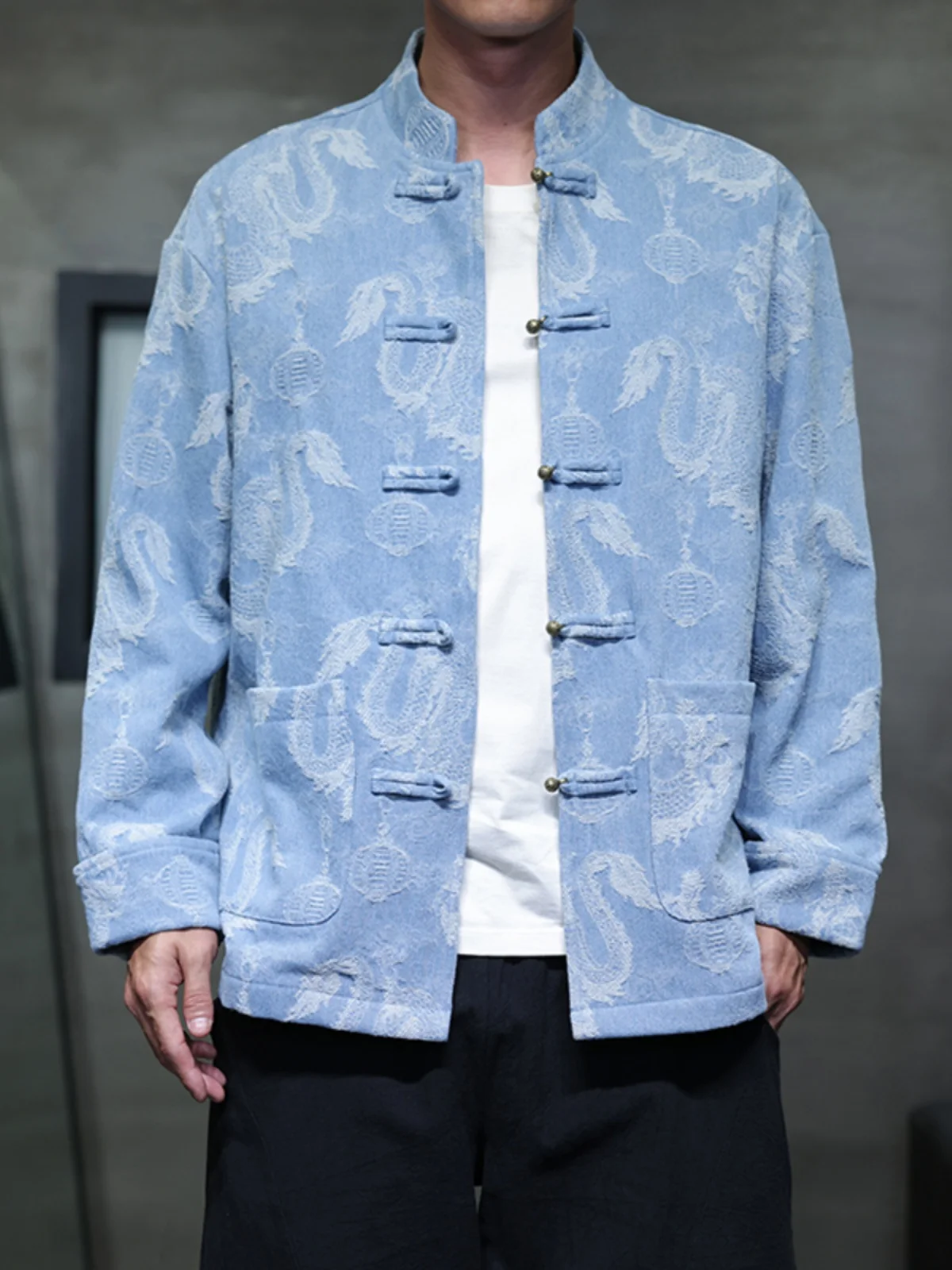

Retro Embroidered Chinese Sle Men's Denim Jaet Spring Autumn Cotton Long Sve Button up Stand Collar Youth Faion