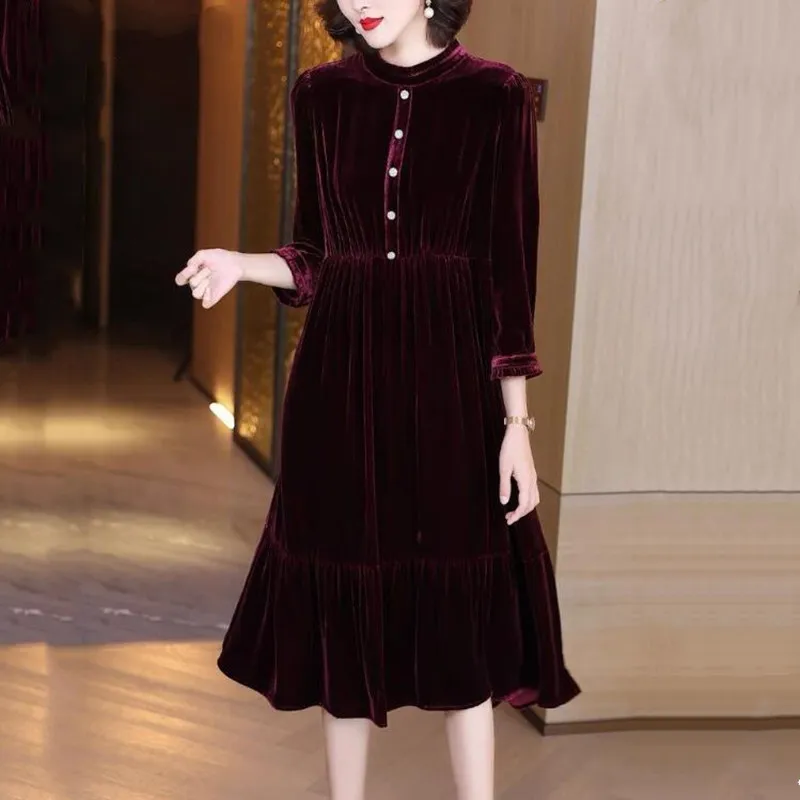 England style women elegant velvet Button dress office lady Ruffle velour dress,Spring Autunm party dresses prom Vestidos robe