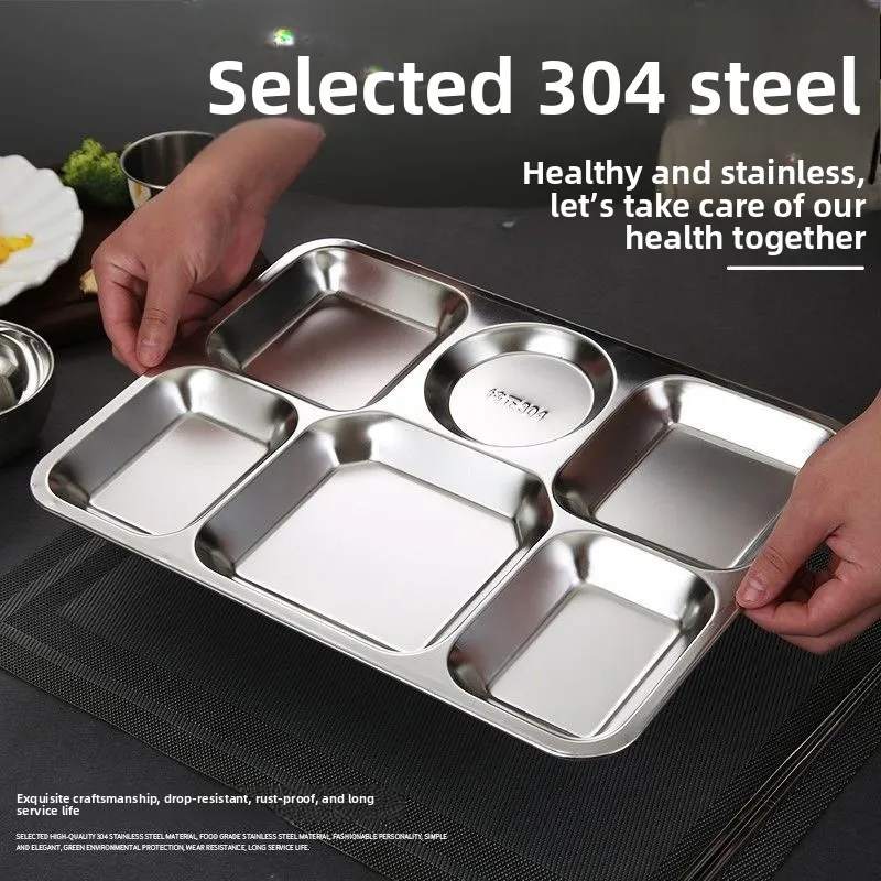 304 Stainless Steel 6-Compartment Lunch Tray, Divided Food Serving Platter with Soup Bowl, School Canteen & Restaurant Mess Tray