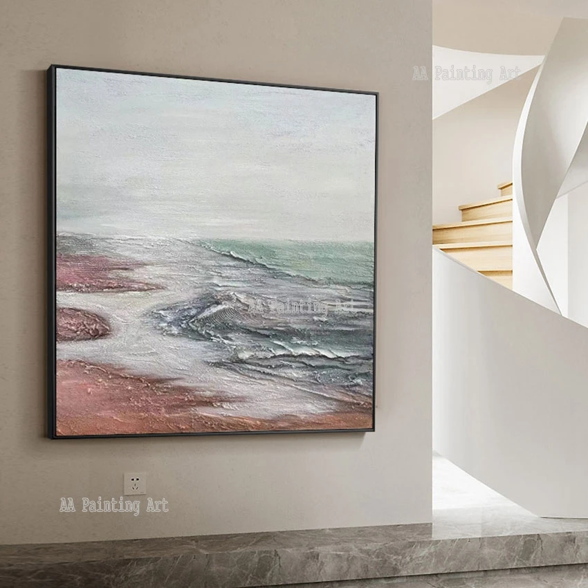 Abstract Sea Beach Scenery Oil Painting, Canvas Artwork, Wall Art, Handmade Panel, Large Size, Hotel Decor Luxury Pieces