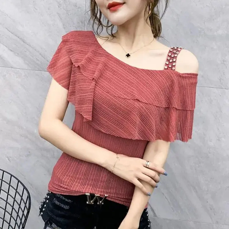 

spring Summer New Ruffled Shoulder Coat Heavy Industry Beaded Bright Net Blouse T-Shirt Temperament Fashionablerelaxed Versatile