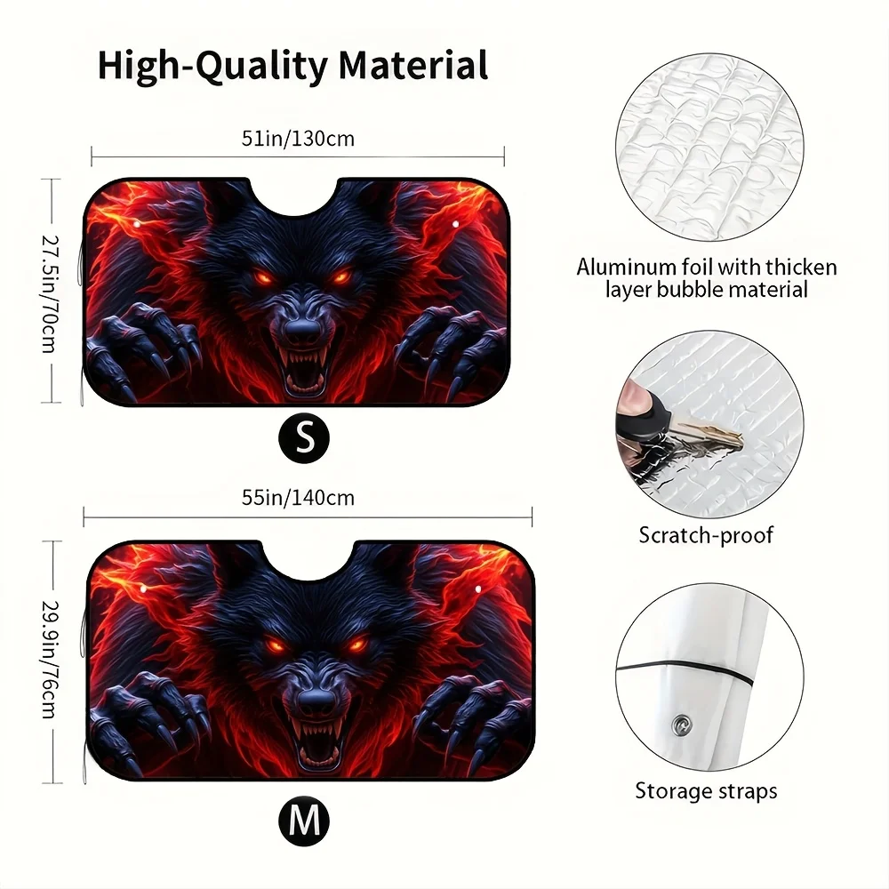 1pc Fiery Wolf Halloween Car Sunshade - Dark Fantasy Creepy Artwork, Foldable & Lightweight Polyester, Fit For All Vehicles, Per