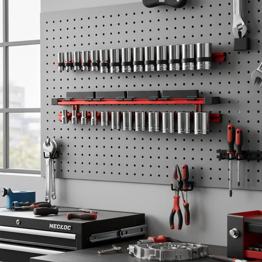 Magnetic Socket Organizer Rack With Strong Magnetic Base And Adjustable Slider For Garage Workshop