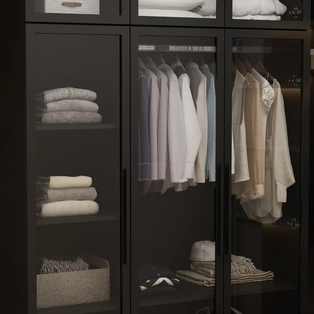 خزانة ملابس خشبية كبيرة مع أضواء LED، وخزانة خزانة بباب زجاجي، وقضيب تعليق وحل تخزين أرفف من 5 طبقات #5