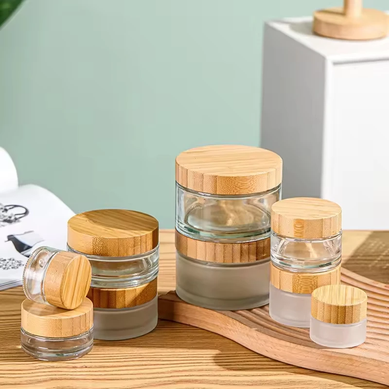 

lotion container bamboo cosmetic cream jar cosmetic clear glass jar with bamboo wood lids,Bamboo Lid Face Cream Frost Glass Jar