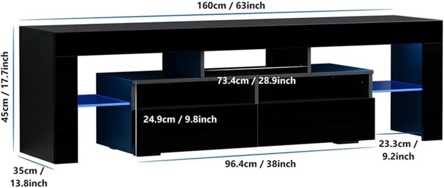 LED TV Stand for 50/55/60/65/70 TV, Black High Gloss Gaming Entertainment Center TV Stand with Drawers and Open Shelves