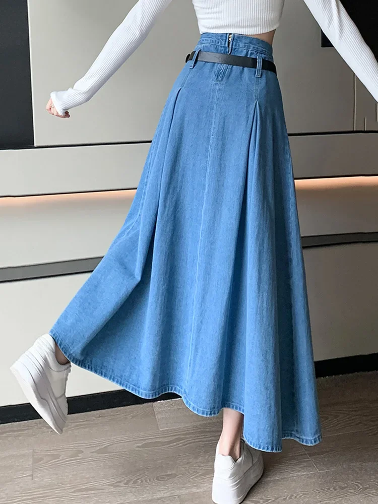 New Women Spring Summer Long Denim Skirt Fashion Vintage High Waist A-Line Skirt Casual Simplicity Blue Denim Skirt