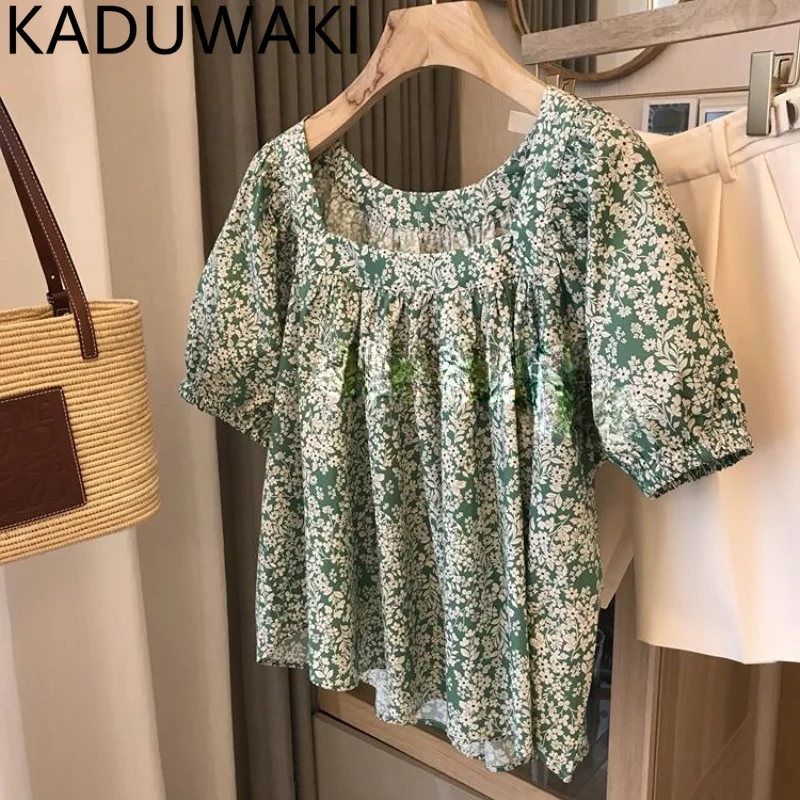 

Floral Print T-Shirts Women Soild Square Collar Ins Ruched Tee Vintage Elegant Female Short Lantern Sleeve Top All-match Summer