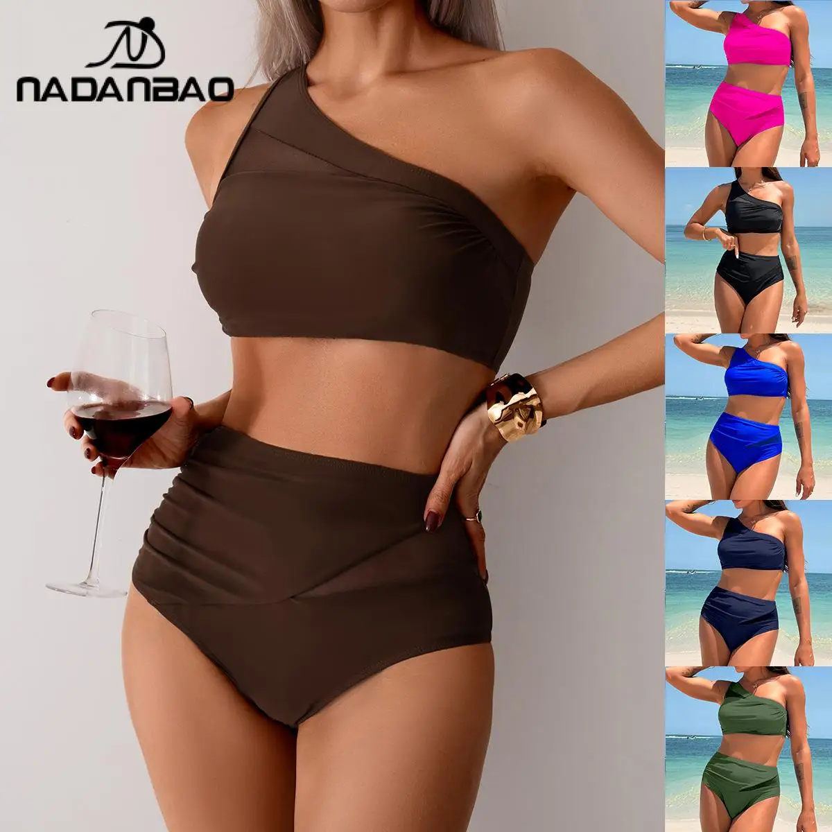 

Nadanbao Two-piece Solid Bikini Set Women Fashion One-Shoulder Split Swimsuit High Waisted Women's swimsuit Pool 2025 Summer