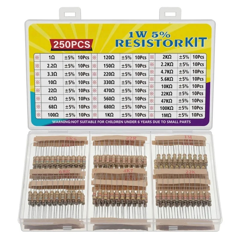

25 Values 1W Carbon Film Resistor Kit from 1 Ohm to 1M Ohm 1 Watt 5% Resistors Assortment