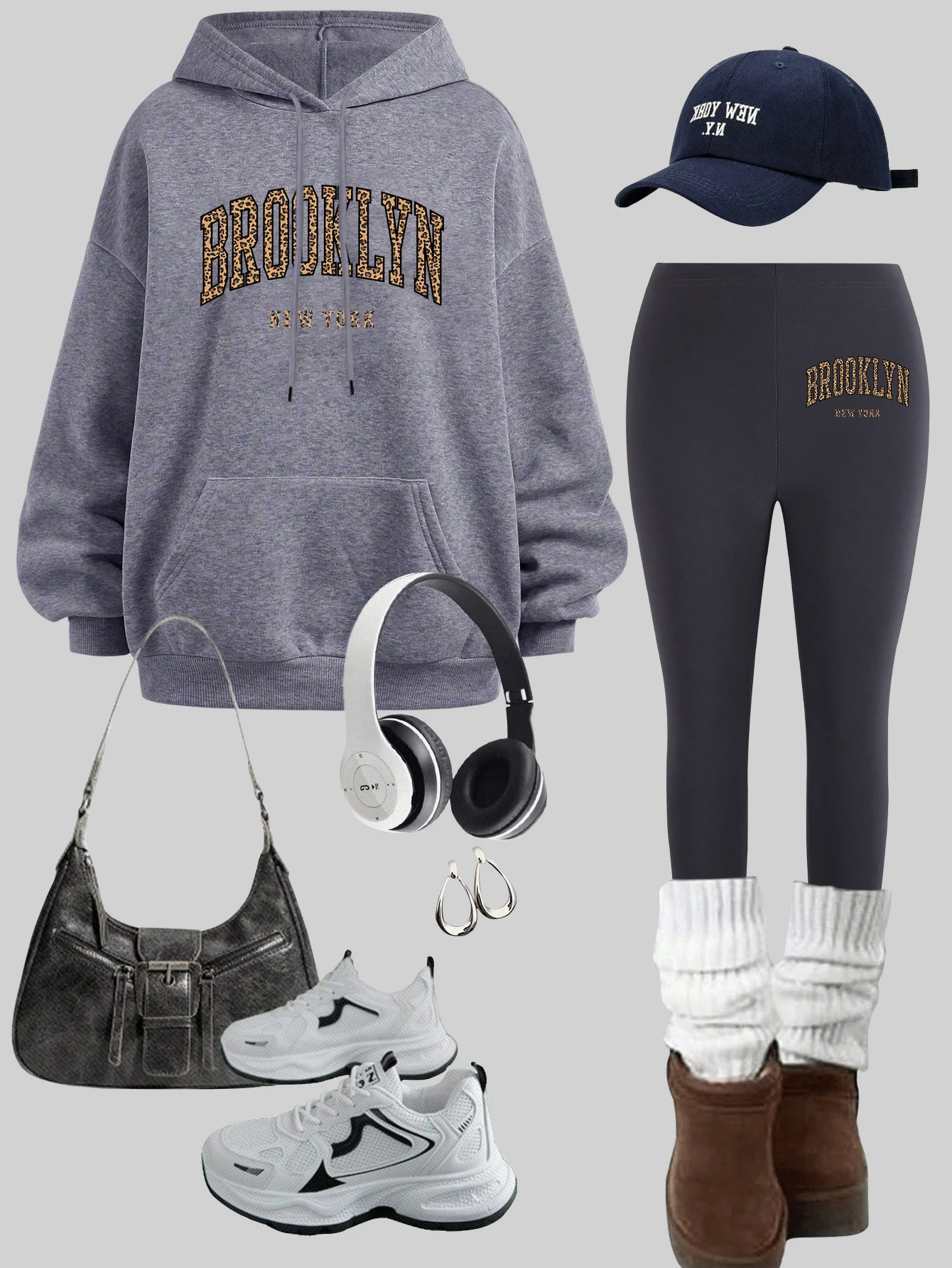 Brooklyn New York Druck Damen Hoodies Set verdicken warme Y2k Leggings Sets lose lässige Pullover Fleece Taschenkleidung