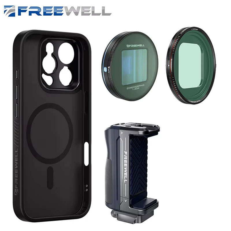 

Комплект Freewell Sherpa iPhone Mega для iPhone 16 Pro и Pro Max с поддержкой рукоятки для селфи 1,33x анаморфотный объектив и магнитный VND-фильтр