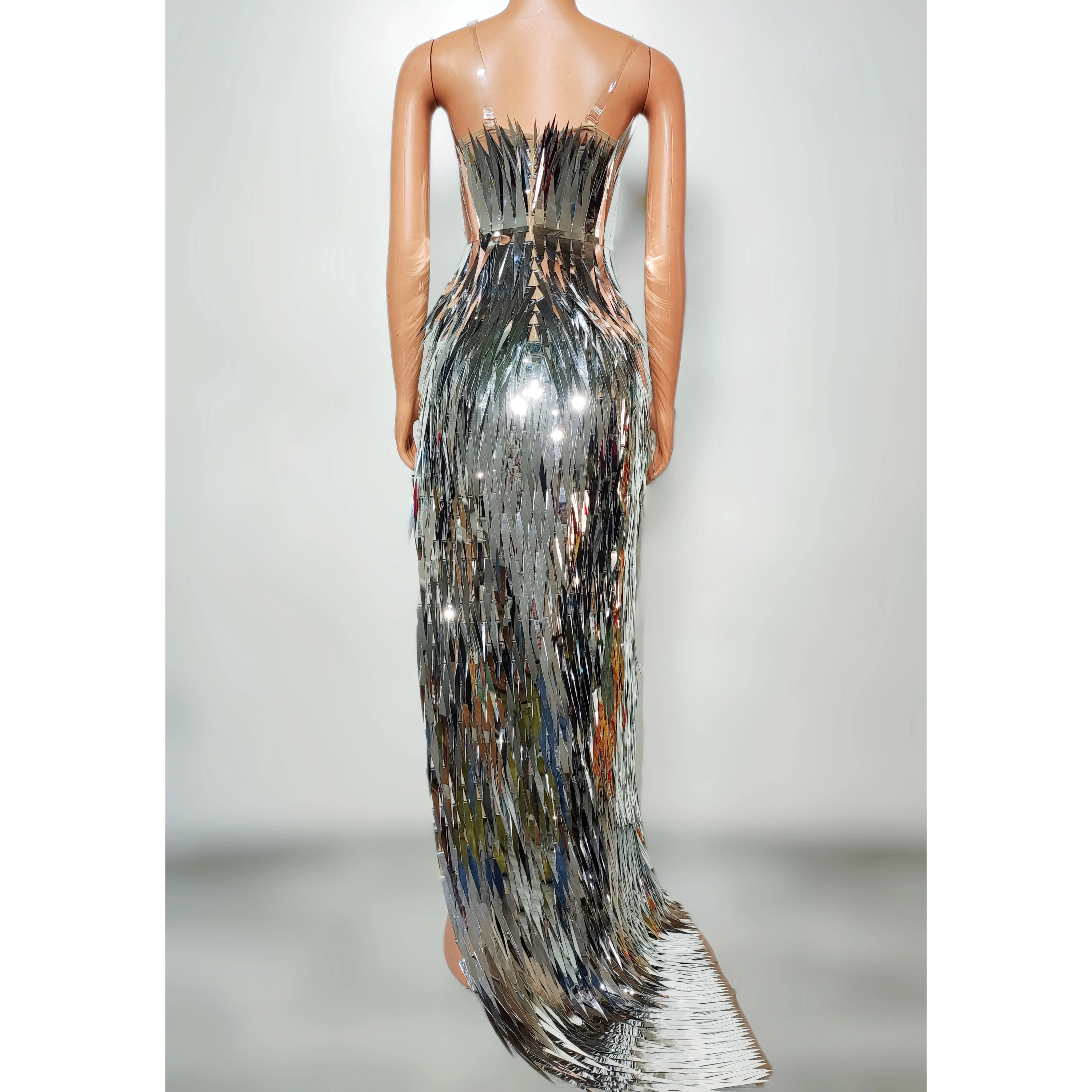 Sukienka ceremonialna damska srebrna błyszcząca bez rękawów długa sukienka kostium do tańca gogo strój na festiwal imprezę występ sceniczny yj310