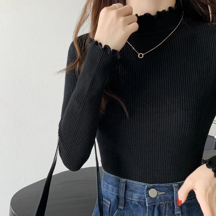 

2024 Autumn Winter Women New Slim Long Sleeve Jumpers Female Half-high Collar Sweater Tops Ladies Solid Knitted Pullovers U256