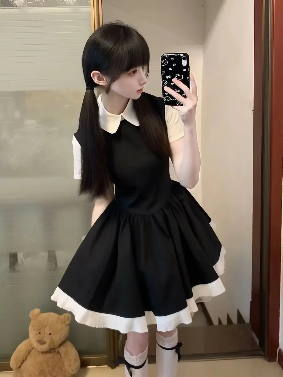 Sweet School Girl Style  Dress Women's Summer Korean Style Doll Collar First Love Nostalgic Black Dress A-Line Silhouette