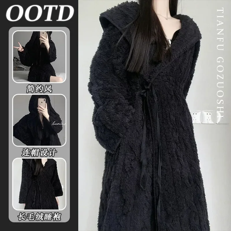 Abito in pile nero Camicia da notte da donna in pile Accappatoio lungo ispessito Pigiama intero in flanella con cappuccio Abbigliamento per la casa autunno e inverno