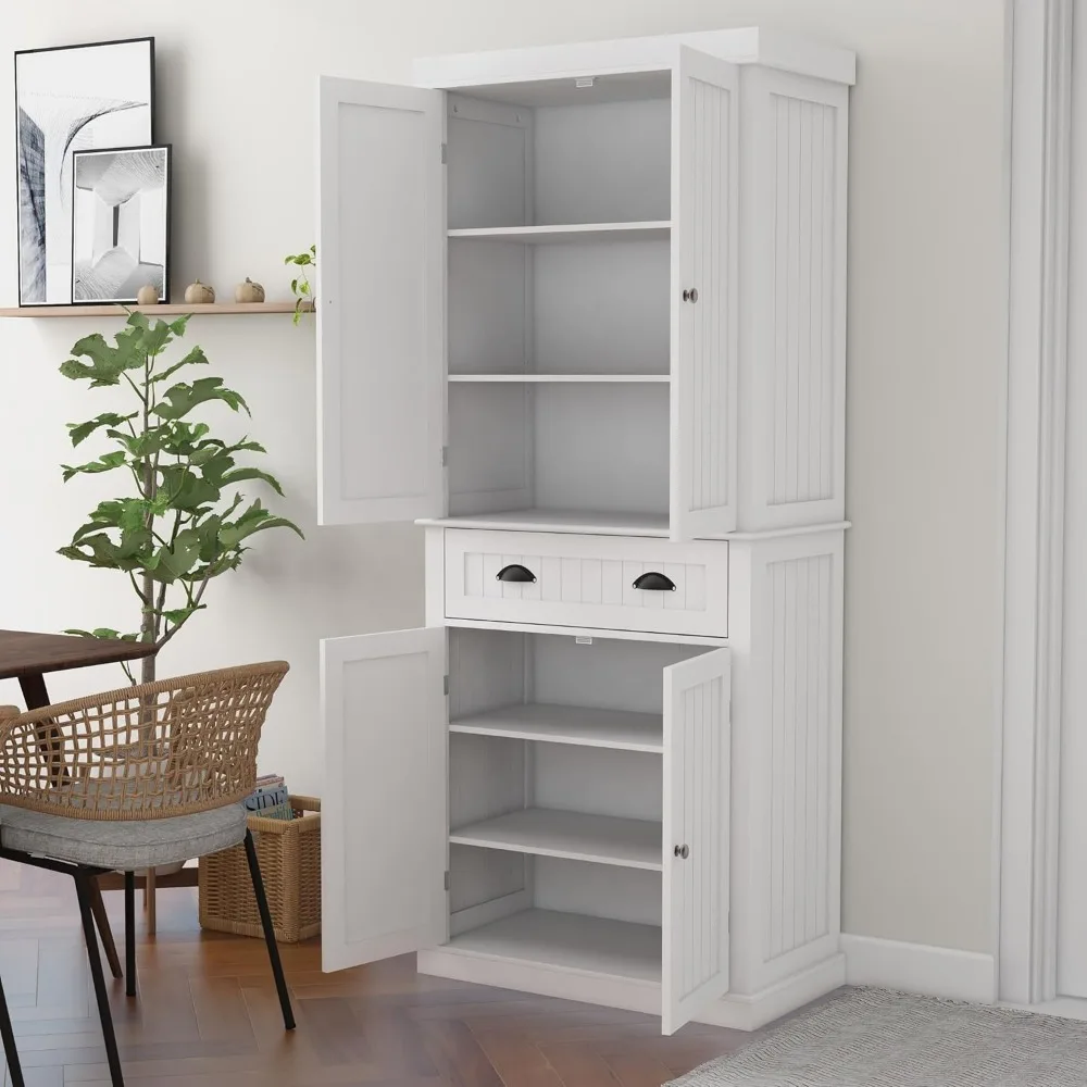 خزائن مخزن مقاس 72 بوصة، خزانة تخزين طعام المطبخ قائمة بذاتها مع درج وأرفف قابلة للتعديل، أبيض #5