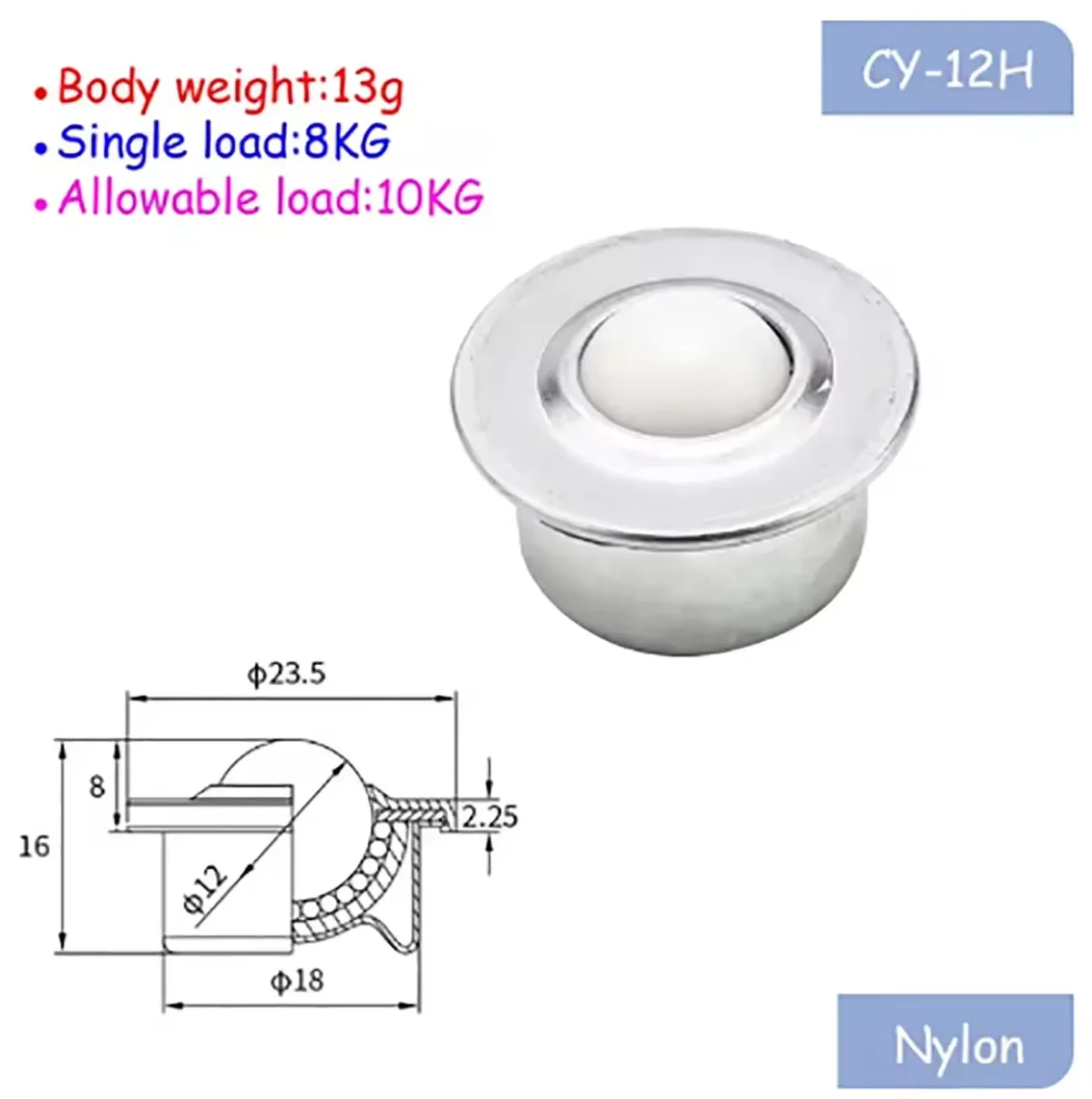 

100Pcs Ball Transfer Ball Bearing Bullseye Wheels CY-12H Nylon