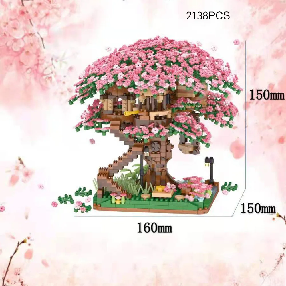 Creative Micro Diamond Block Cherry TreeHouse Assembly Building Brick Streetscape Sakura Tree House Toys Nanobricks With Light