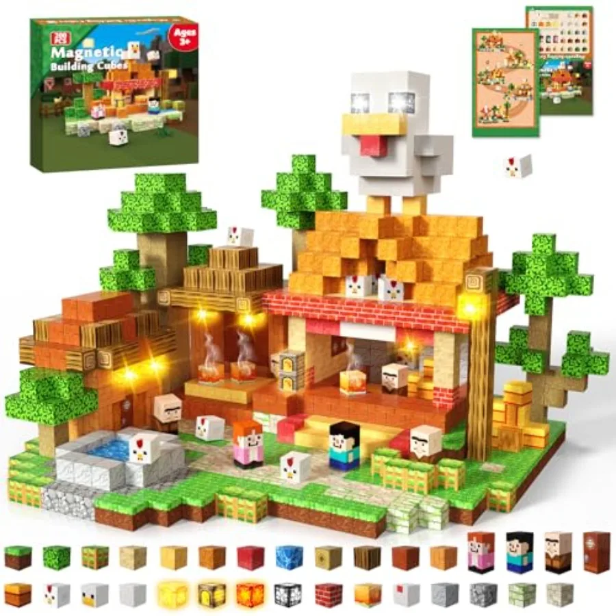 

200PCS Magnetic Blocks with Light Up Blocks, Magnetic Building Blocks, Magnetic Cubes for Ages 3-10 STEM Sensory Educational St