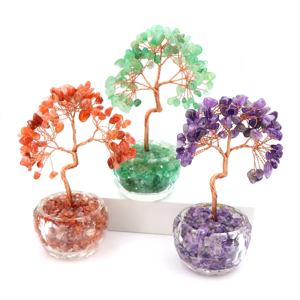 130mm Crystal Money Tree Natural Stone Healing Gemstones Copper Wire Wrapped Quartz  Potted Plant Crafts Home Decor Lucky Gifts
