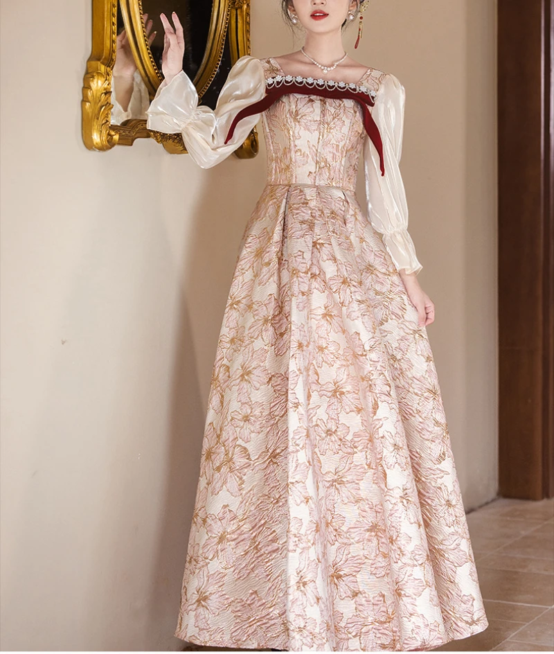 Customized Autumn Winter High End Pearl Appliques Square Collar Weddig Party Dress Spliced Pull Sleeve Evening Gown Long Flower