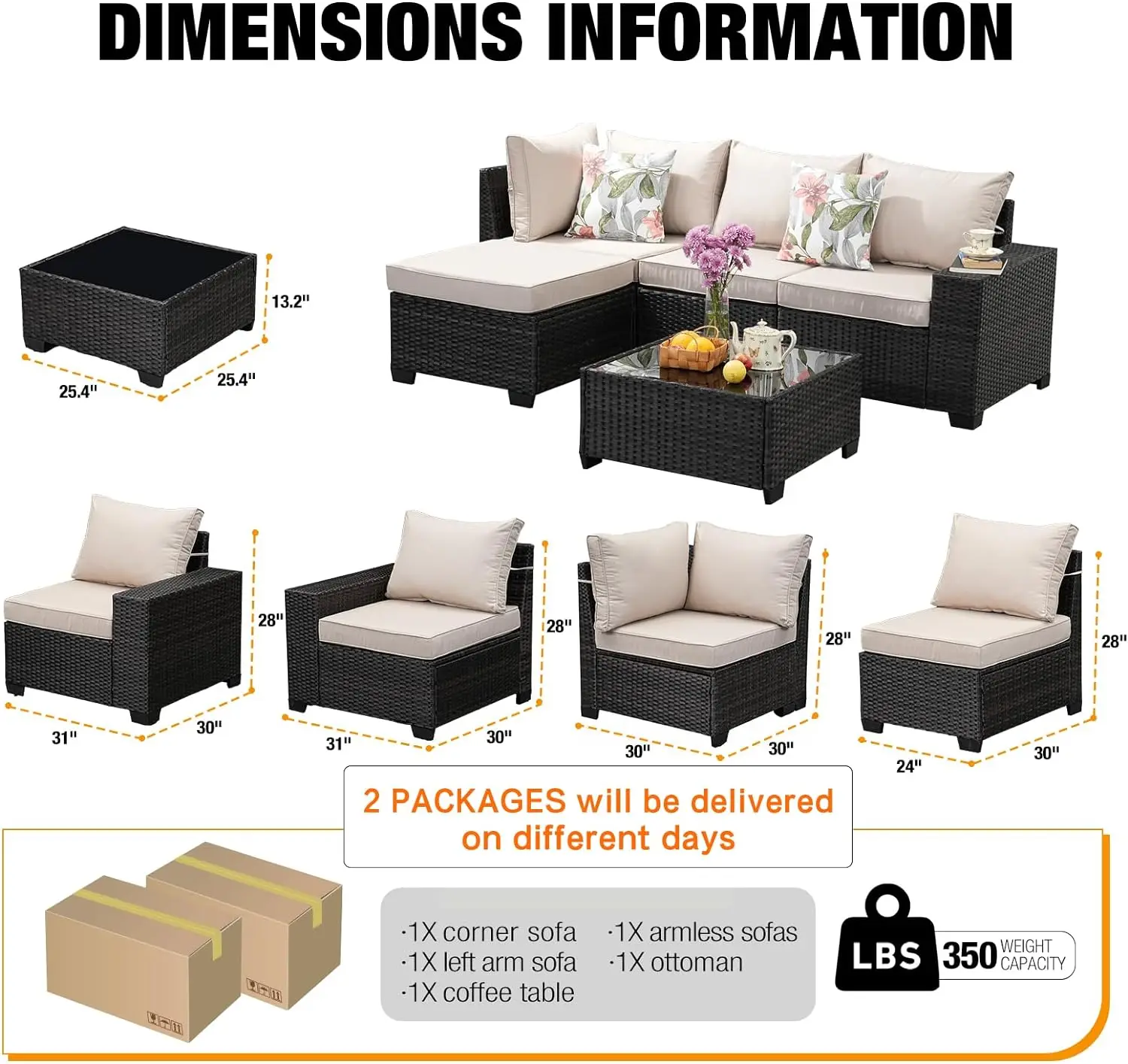 All-Weather Outdoor Wicker Móveis Set com Almofada, Pátio Assentos, Secional Conversação Sofá, Rattan, 5 pcs, 6 pcs, 7 pcs