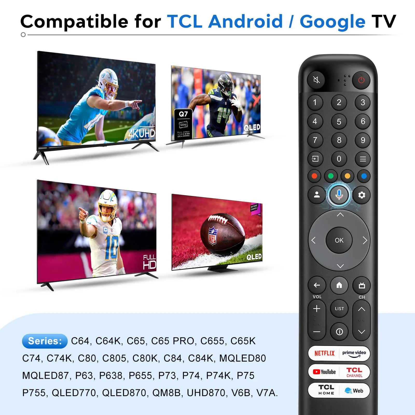 RC833 Voice Remote Control, for TCL Google TV Remote Control, Compatible with TCL 4k QLED/UHD/QD-Mini Series Smart TVS