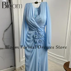 Bloom Solid Blue Long Sleeves 3D Flowers Zipper Back Chiffon Floor Length Straight Saudi Arabia Evening Gowns pleats Woman