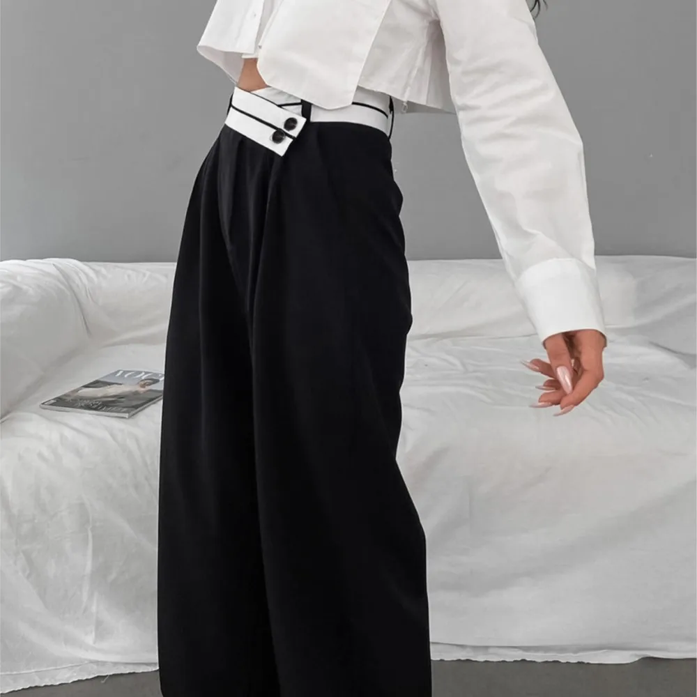 Women' S Clothes Casual Loose Pants For Woman Contrast Wide Leg Long Pants All-match Patchwork Simple Style Retro Temperament