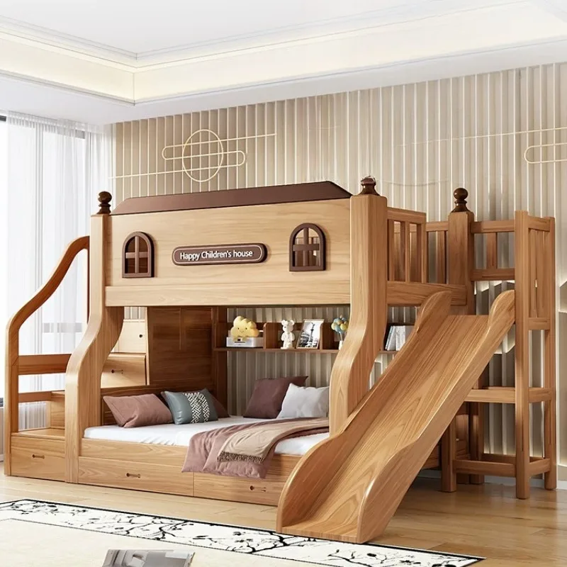 Solid wood upper and lower beds Bunk beds Two-layer high and low beds Double Small apartmentMother and child