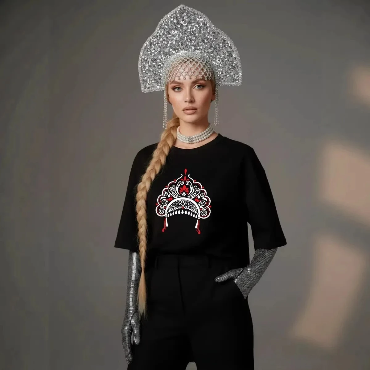 Russian Retro Summer Folk Style 100% Pure Cotton Unique Elegant Crown Print Street Y2K Harajuku INS Style Women's T-shirt