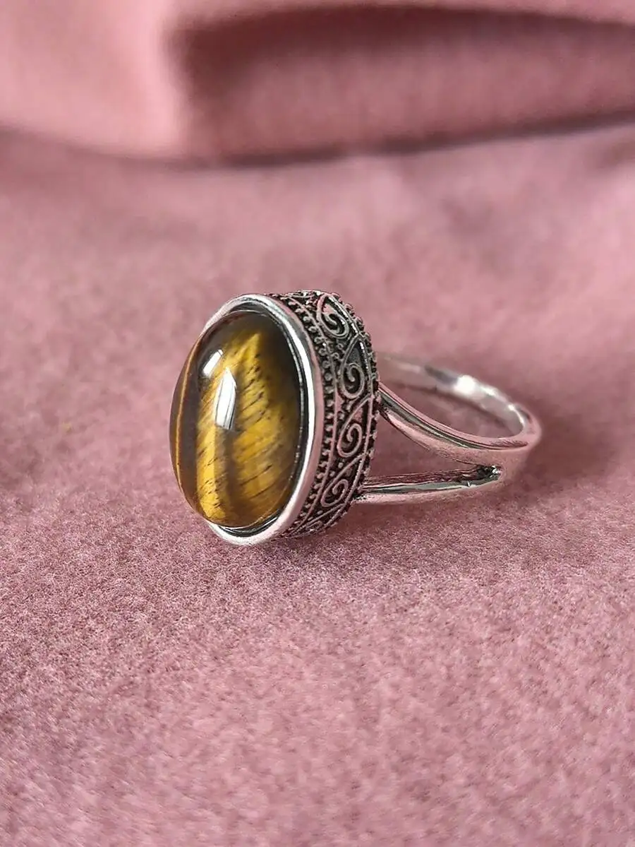 

Oval Tiger Eye Gemstone Ring For Women Vintage Style Fashion Jewelry