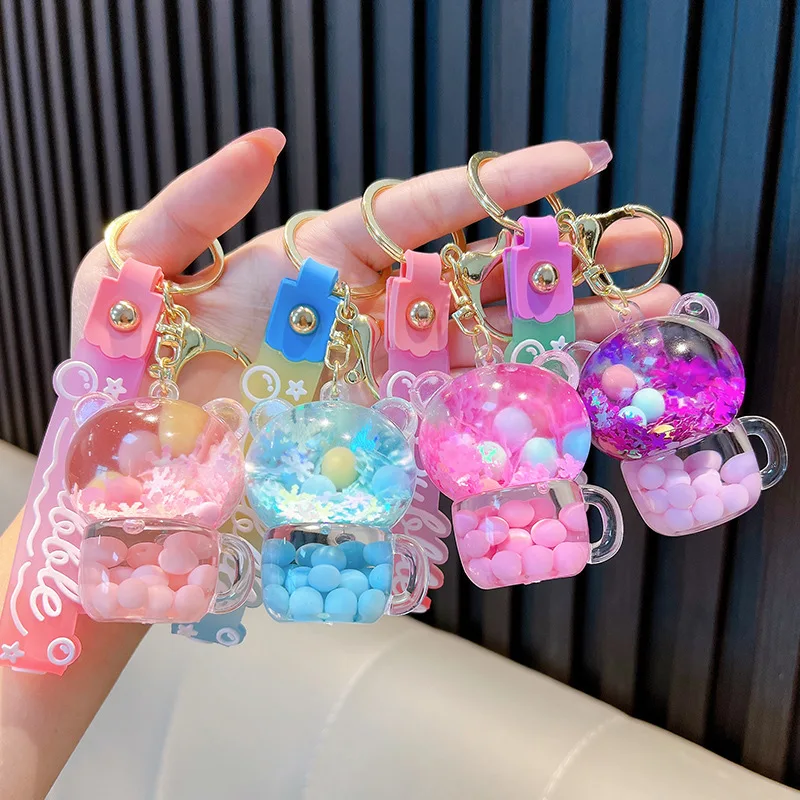 Cartoon Kitty Tea Cup Liquid Keychain Cute Floating Quicksand Jelly Bean Keyring Women Girl Backpack Pendant Key Chain Gifts