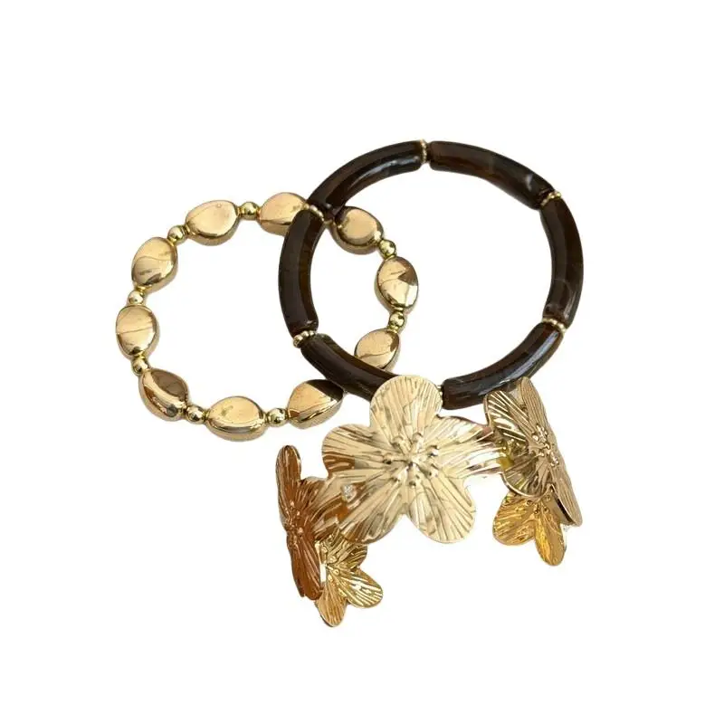 3-teiliges Set Ethnische Goldene Blüten-Harz-Armbänder für Frauen, Legierungsperlen-Design, Modischer Bohemian-Schmuck als Geburtstagsgeschenk für die Freundin – Detail 8