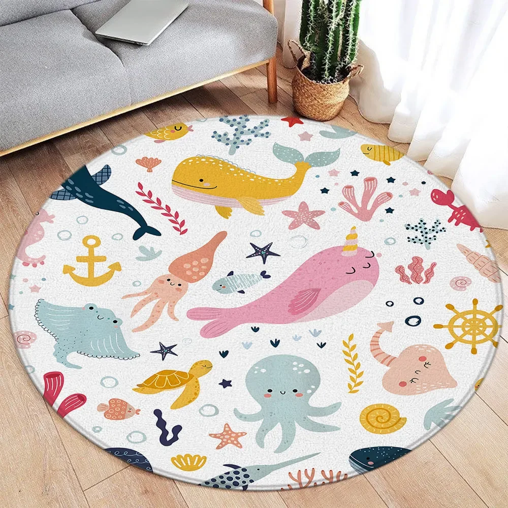 Cute Cartoon Animal Printed Round Rug Non Slip Soft Decor Carpet for Nursery Baby Room Children Bedroom Indoor Home Decoration