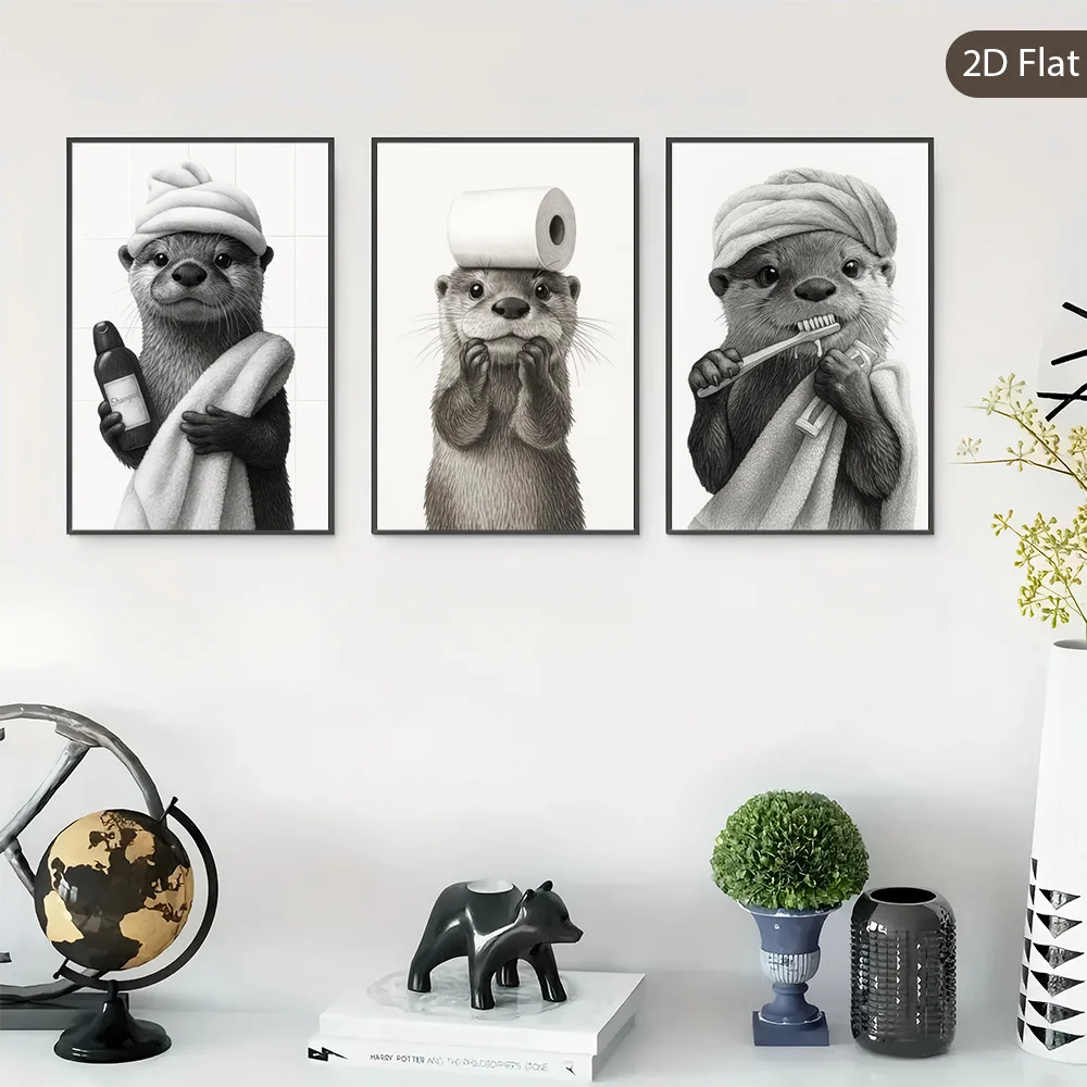（NO Frame 3PCS）-2D Flat, 2D Flat, Set of 3 Unframed Humorous Bathroom Canvas Prints, Featuring Animal Behavior Art, Whimsical