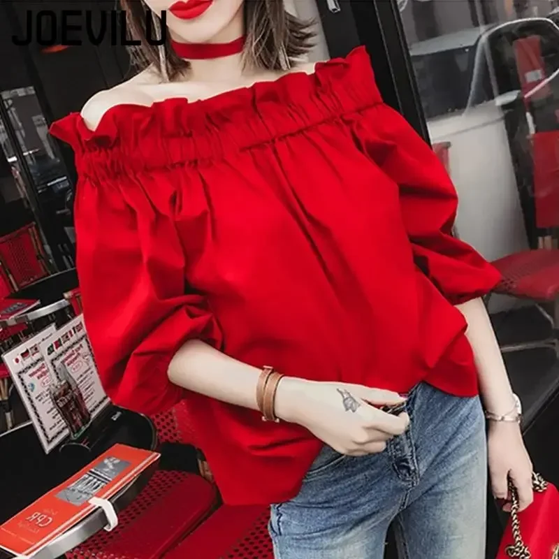 Off Shoulder Shirt Ruffled Elastic Sexy Blouse Female Summer Short Sleeve Top Korean Student Women\'s Blouses Retro Red Crop Tops