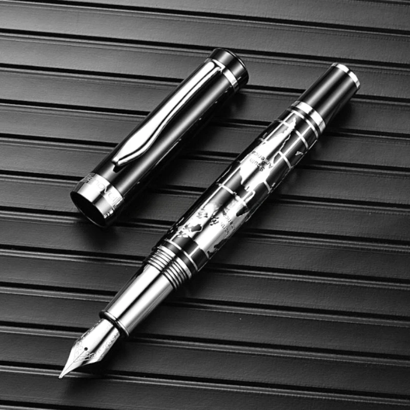 

Bew Benovel World Map Carving Fountain Pen F/M/Bent Curved 0.5 0.7 1.0 MM Nib, Beautiful Black Business Writing Stationery