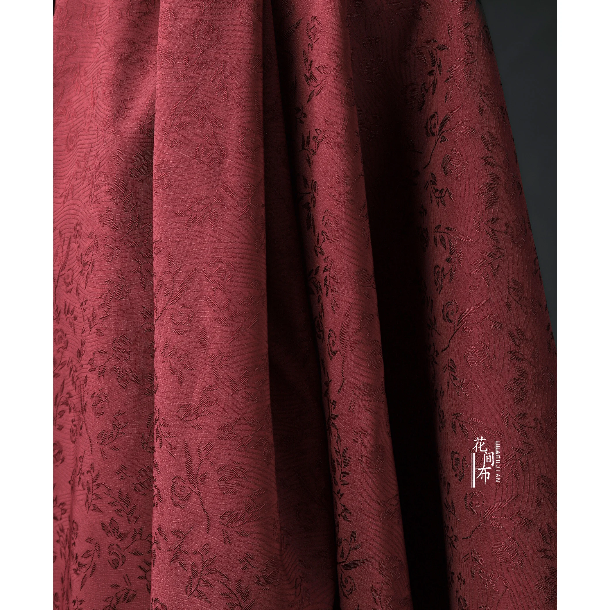 Deep Red Small Branches Floral Jacquard Fabric Embroidered Cheongsam Dress Hanfu Designer Diy Sewing Material Wholesale Cloth