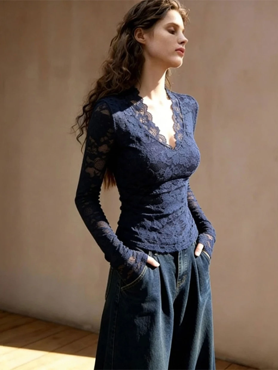 

Весенне-осенняя зимняя кружевная базовая блузка для женщин, модная приталенная модель с V-образным вырезом, перекрестным дизайном, в корейском стиле, с длинным рукавом, цветной топ