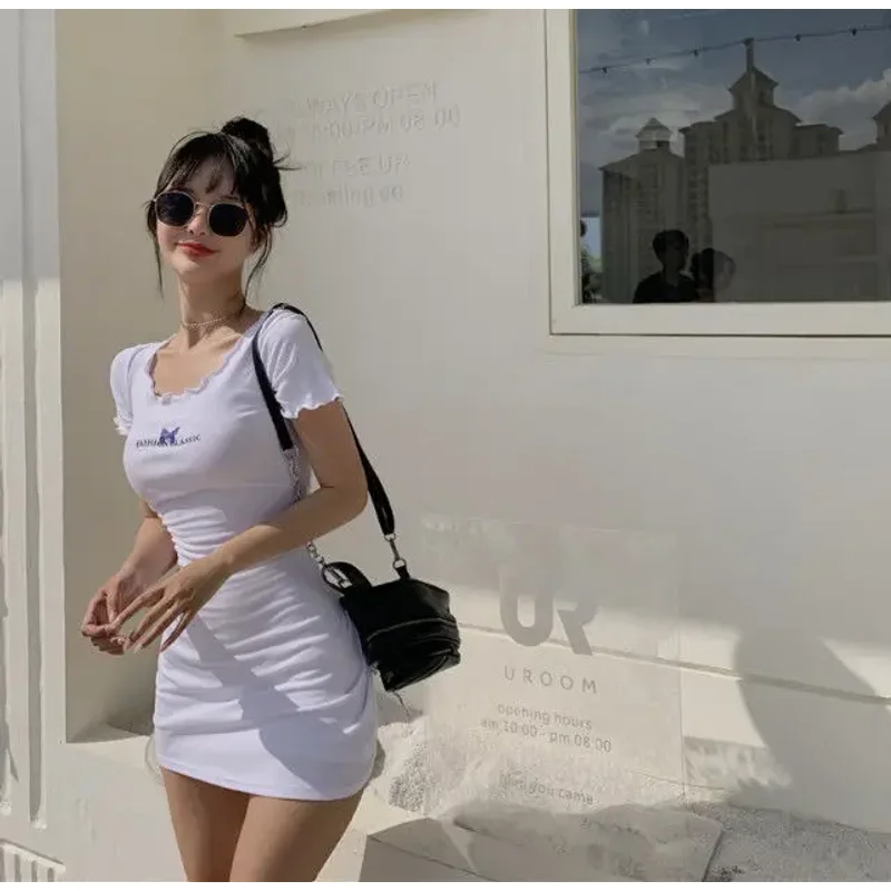 Summer Women Dress Thin Elastic Short Sleeved Letter Dresses Slim Elegant Korean Fashion Bodycon T Shirt Dress
