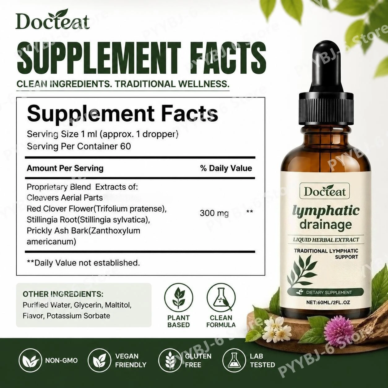 Docteat Lymphatic Drainage Liquid Herbal Extract with Boosts Clarity Supports Energy and Promotes Vitality Easy To Use 60 ML